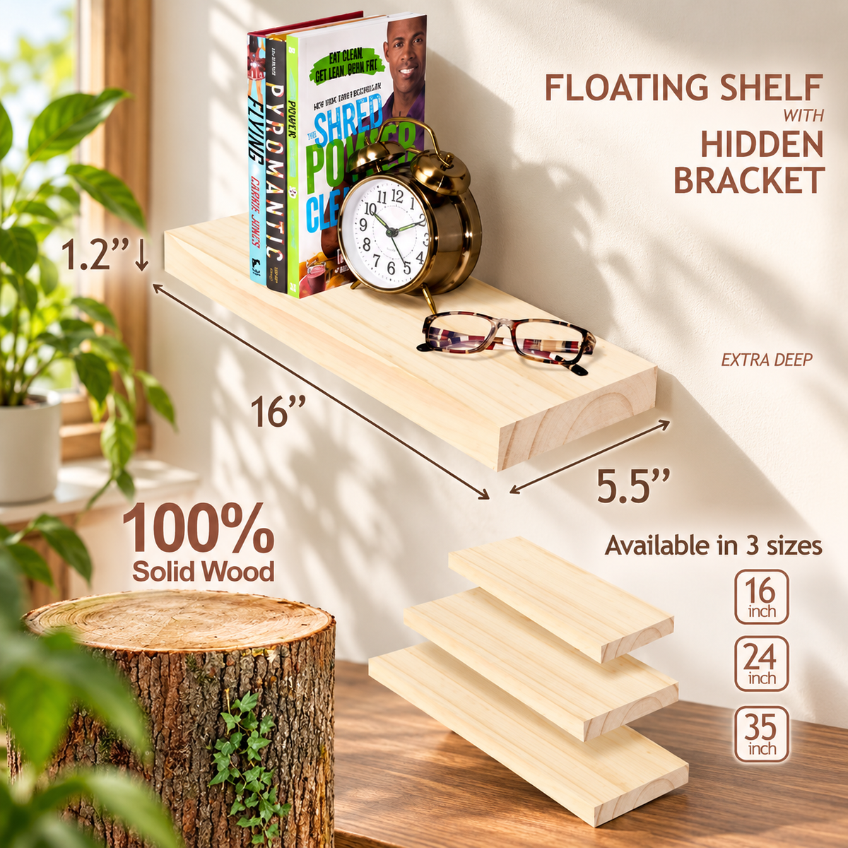 Natural Wood Floating Shelves – Set of 2